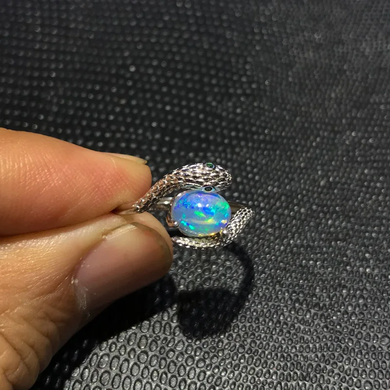 CSJ Cute Snake Natural Opal Rings Sterling 925 Silver Gemstone 6*8mm for Women Birthday Christmas&Black Friday Jewelry Gift