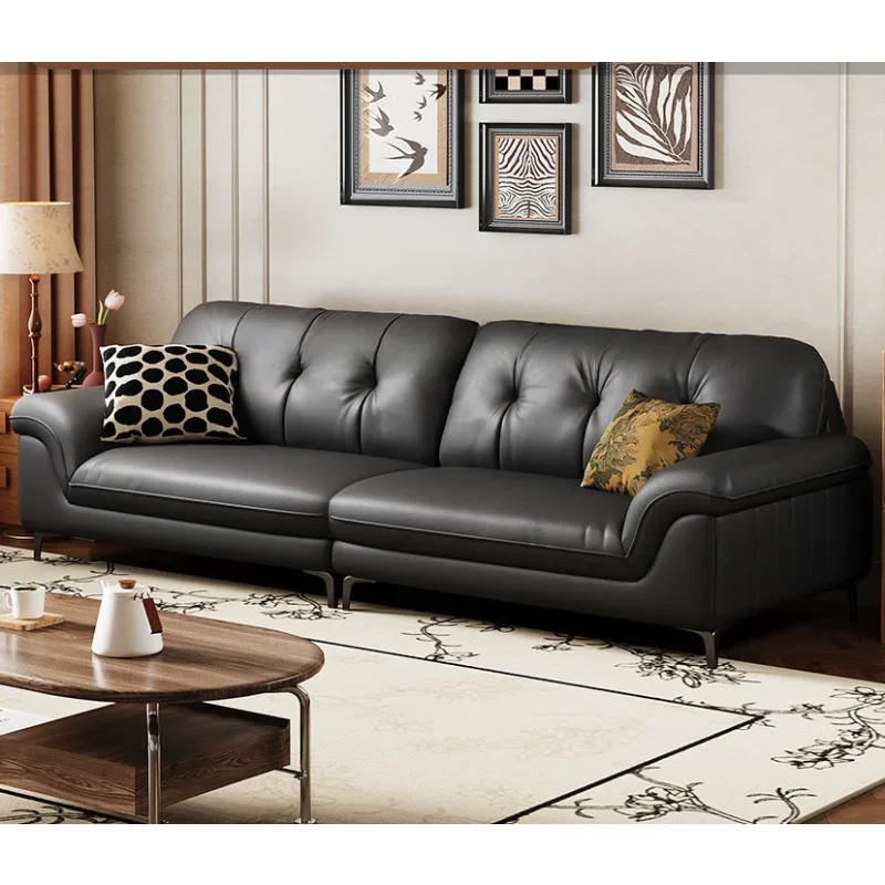 Medieval three-person leather sofa living room small apartment first layer cowhide French retro