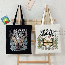 Women Handbags Jesus Butterfly Canvas Bag Vintage Flower Butterfly Fashion Tote Bags Christianity Trend Side Bag for Ladies 2024