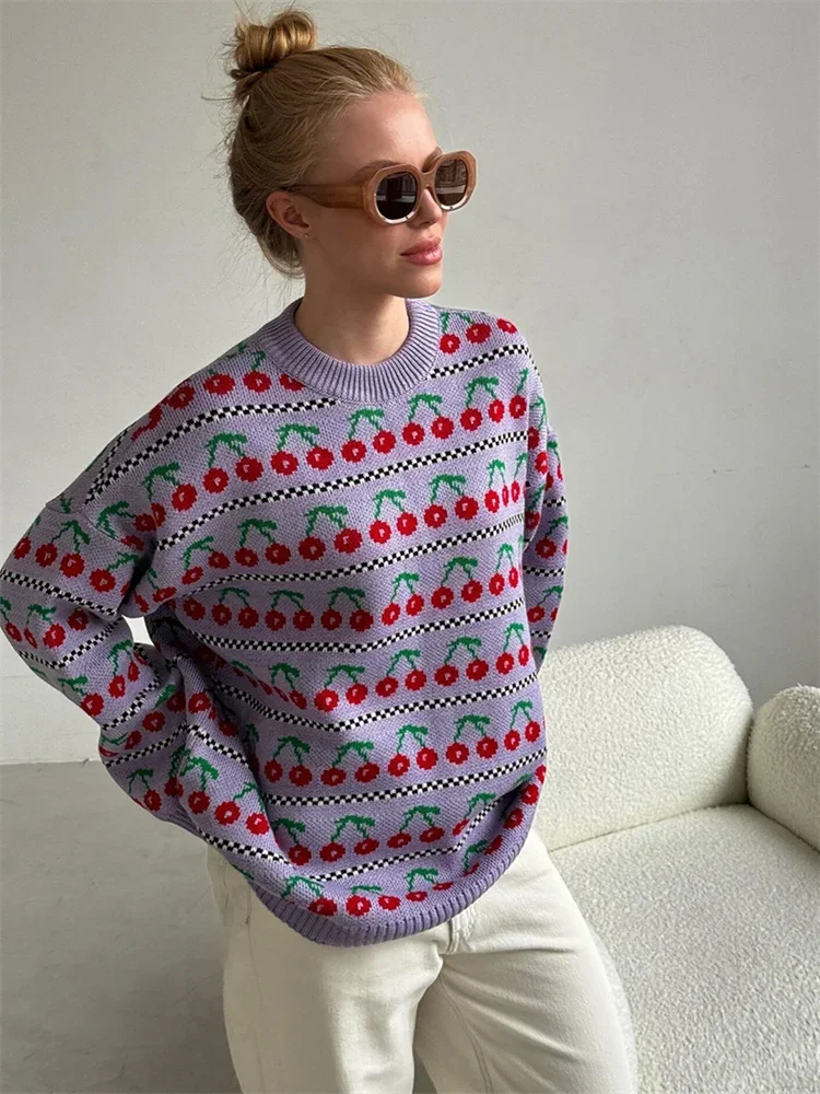 Printed Knit Sweater Pullover For Women Loose Patchwork Contrast Long Sleeve Vintage Fashion Top Knitwear Women's Pullover