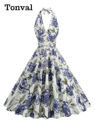 Tonval Floral Print 50s Party Retro Women High Waist Dresses Halter Neck Evening Wear Backless Halter Summer Cotton Dress 2024