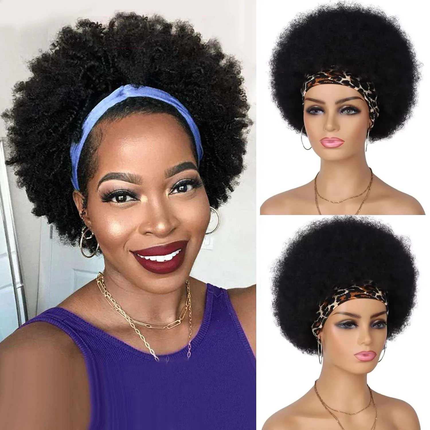 

Synthetic Afro Headband Wig Short Kinky Curly Wigs for Black Women Scarf Wigs for Daily Halloween Party Use