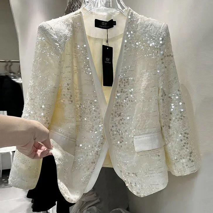 

2024 Spring Summer Lightweight Sequin Jacket for Women V Neck Three Quarter Sleeve Short Cardigan Elegant Loose Fit Chic Blazer