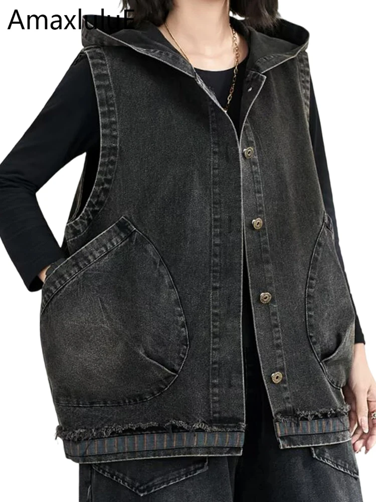

Amax LuluE British Fashion Classic Soild Denim Vest Females Loose Hooded Sleeveless Coats Womens 2026 Casual Vintage Waistcoats