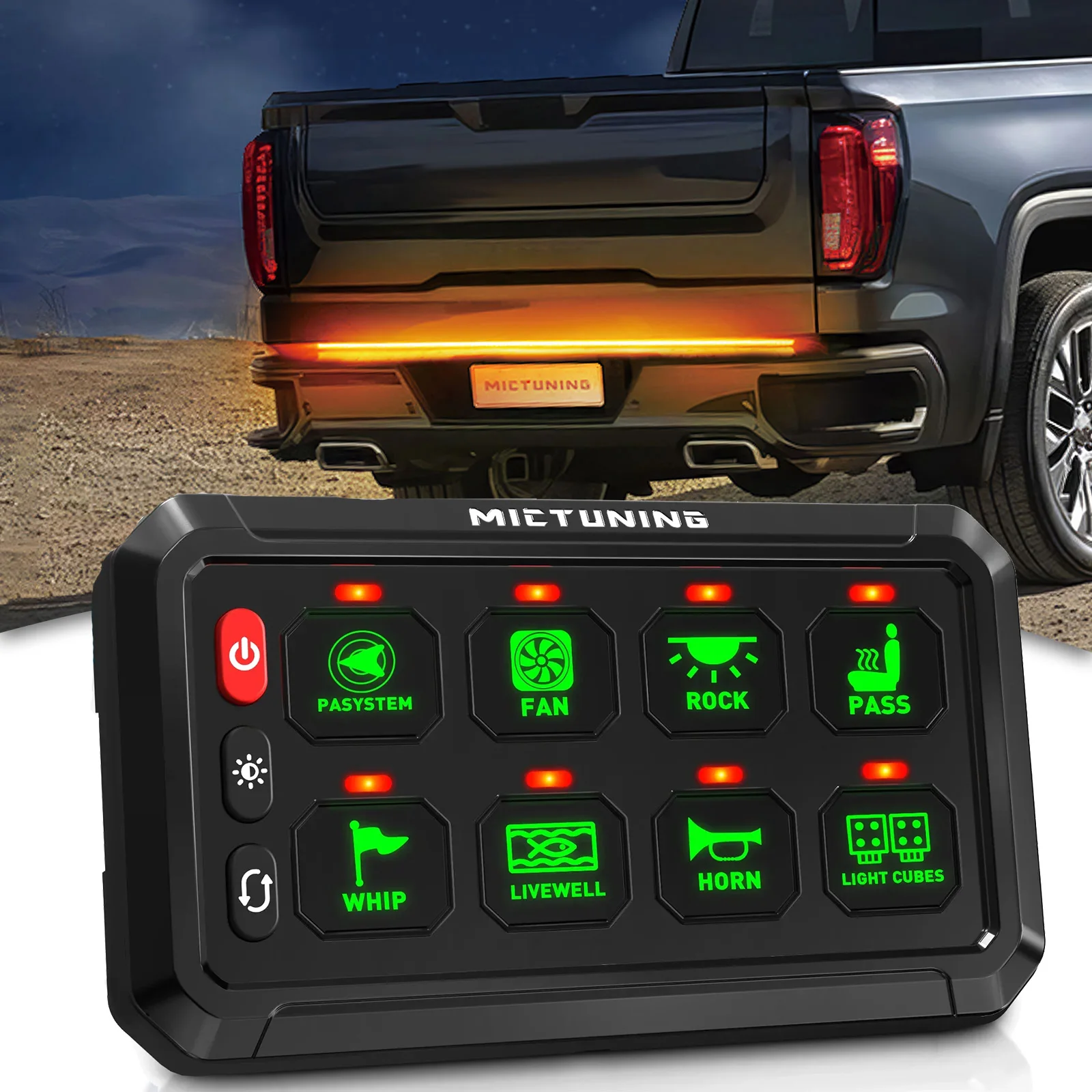 

MICTUNING P1S Series Green 8&12 Gang Switch Panel with Circuit Control Relay Box, Adjustable Brightness for Car Off-Road Truck