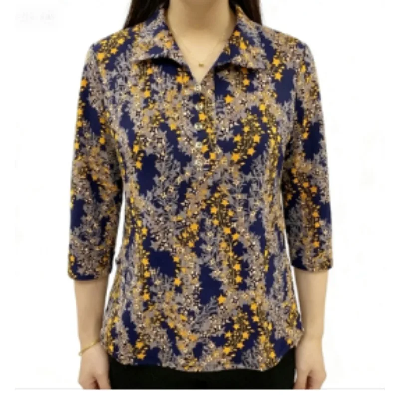 

Womens Navy Blue Star Floral Print Polo Collar Half Sleeve Blouse