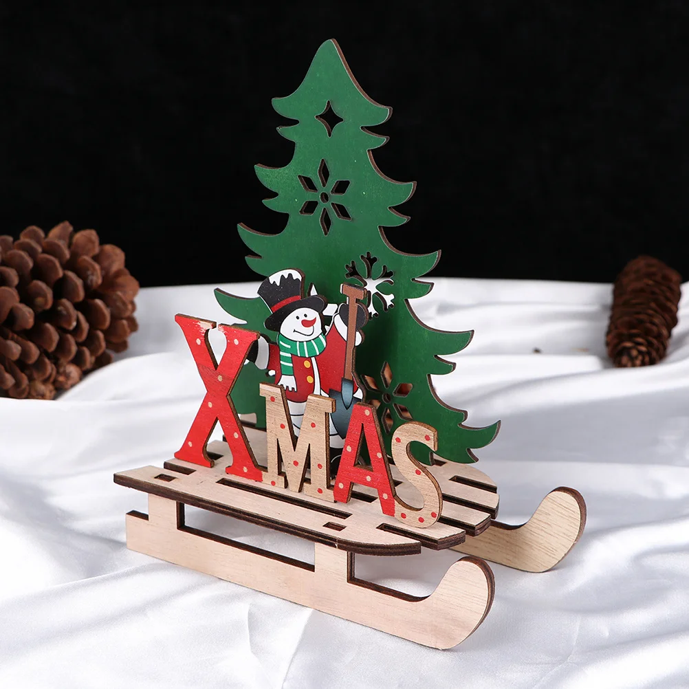 

3Pcs Christmas DIY Sleigh Ornaments Handmade Wooden Snowman Santa Elk Decor for Home Office Table Xmas Desktop Decoration