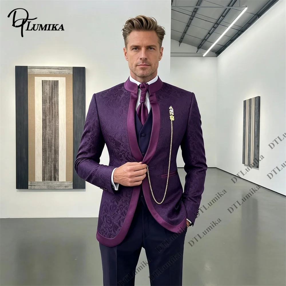 Jacquard Three-Piece Men’s Suit (Jacket + Waistcoat + Trousers) One Button Customized Men's Black-Tie Party Tuxedo Big & Tall