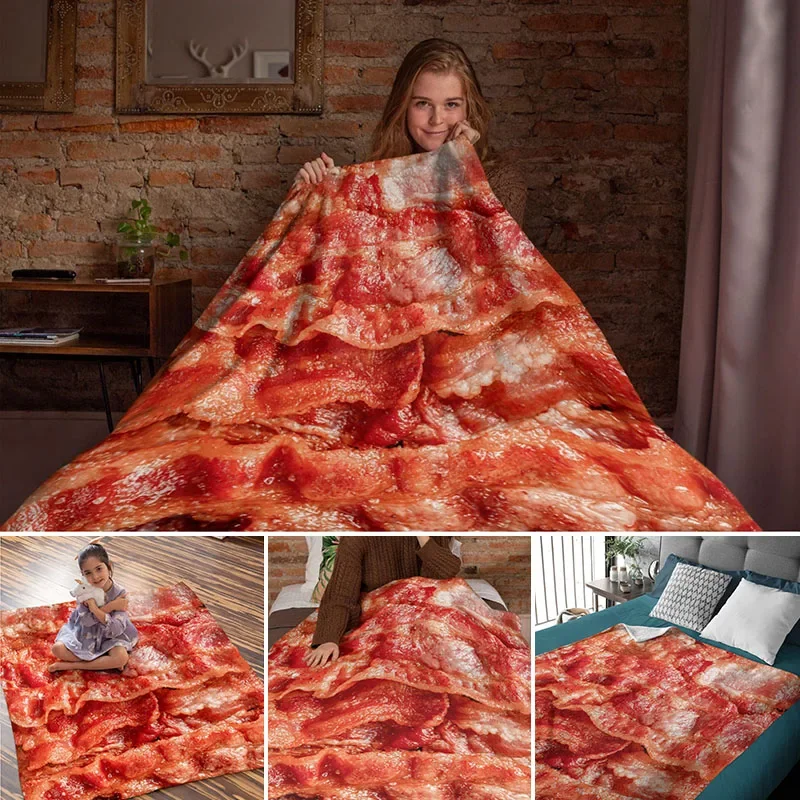 Soft Flannel Food Bacon Blanket Funny Creative Cover Realistic Meat Throw Blanket Bedspread Novelty Blanket Gift for Child Adult