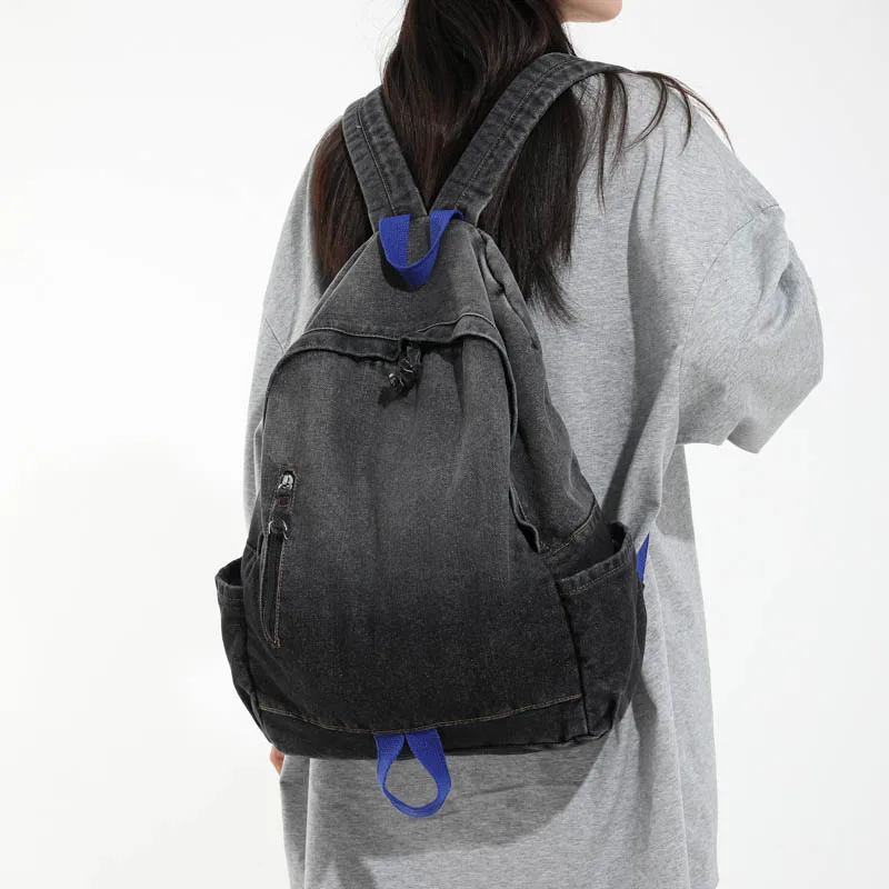 Vintage Washed Denim Backpack for Women & Men – Large Capacity Student School Bag with Gradient Blue Fade Casual Travel Rucksack