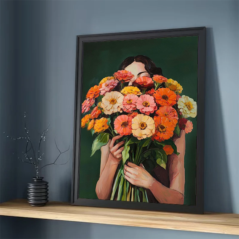 

Abstract Woman Minimalism Canvas Poster Wall Art Woman with Flower Portrait Painting Print for Bedroom Nordic Girl Home Decor