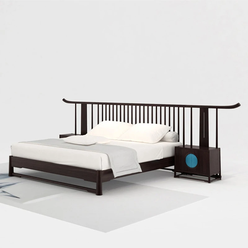 New Chinese bed simple modern master bedroom 1.8 meters solid wood double bed zen wedding bed B & B hotel furniture