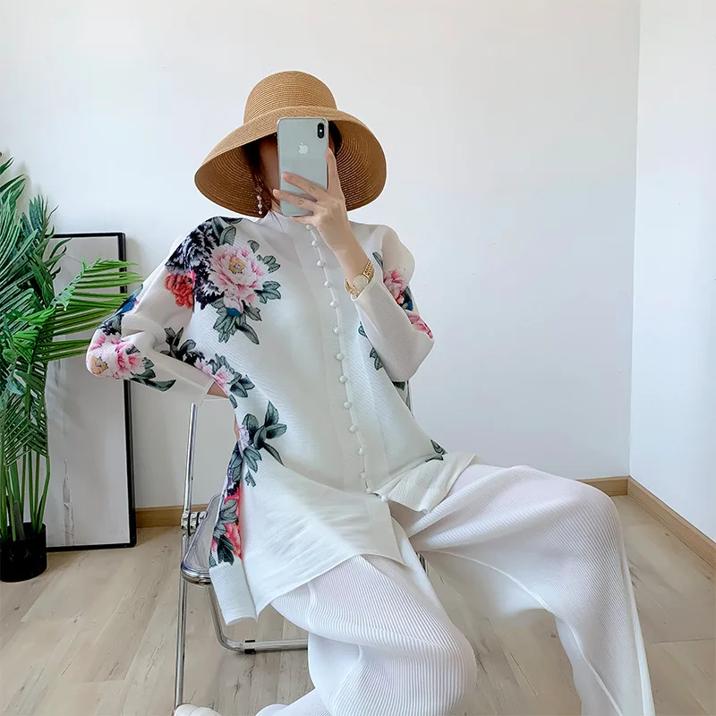 

Miyake Pleated Fashion Suit 2023 Summer New Printed Skirt Coat+Casual Straight Pants Temperament Womens Two Peice Sets