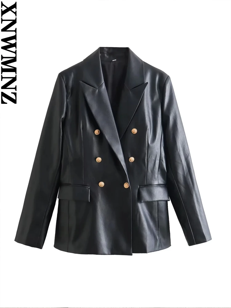 XNWMNZ Women\'s Fashion 2023 Autumn/Winter Faux Leather Blazer Women Retro Lapel Long Sleeve Button Versatile Female Jacket Coat