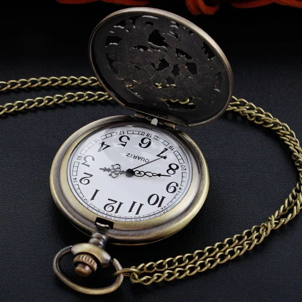 Dragon-Phoenix Carved Retro Quartz Pocket Watch Necklace Classical Dial Bronze Case With Chain Unisex Pendant Gift For Women Men