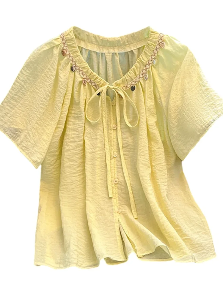 Consigliato Self-Kept Pieghettato V-Ne Legato ort Sve irt Donna Estate ell Frangia Top allentato Coreano Sle Pendolarismo Vento