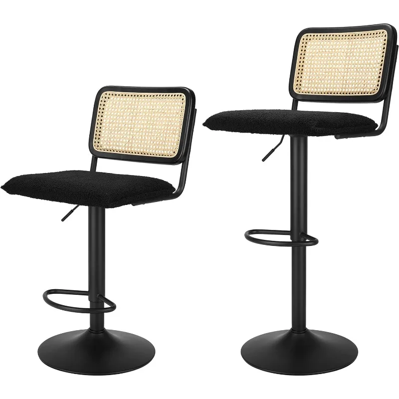 Moderne Rotan Barkrukken Set Van 2-Natuurlijk Geweven Ontwerp, Draaibare Zitting, Voetensteun En Rieten Rugleuning, In Hoogte Verstelbare Stang