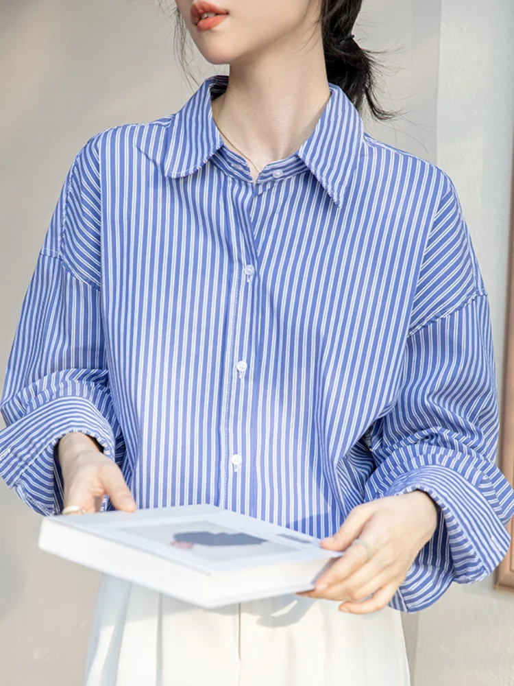 Blauw Gestreepte Lange Sve Dames Irt Lente Herfst 2025, Nieuwe Innerlijke Slijtage Luxe Vintage Top Woon-werk Sle Koreaanse versie