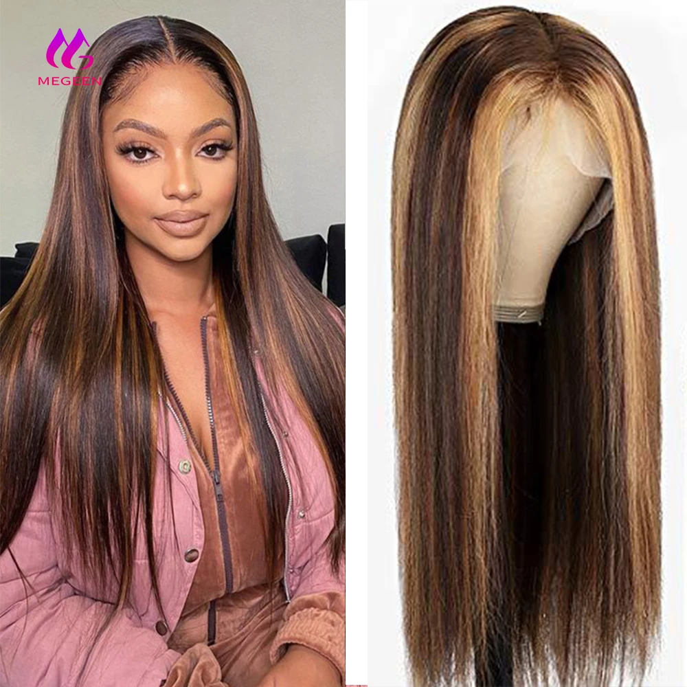 Megeen 100% Human Hair Highlight P427 Colored Straight 13X4 Lace Front Wig  Pre Plucked Honey Blonde Lace Front WigHuman Hair