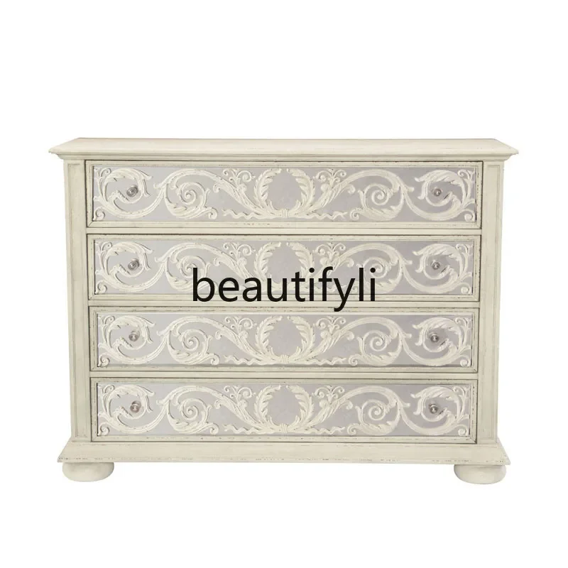 Bedroom living room entrance chest light luxury wood carving flower mirror drawer storage cabinet