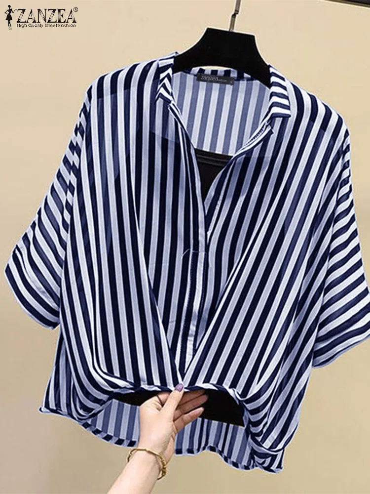 

2024 ZANZEA Summer Blouse Women Fashion 3/4 Sleeve Striped Shirt Elegant OL Work Tops Casual V Neck Blusas Female Tunic Chemise