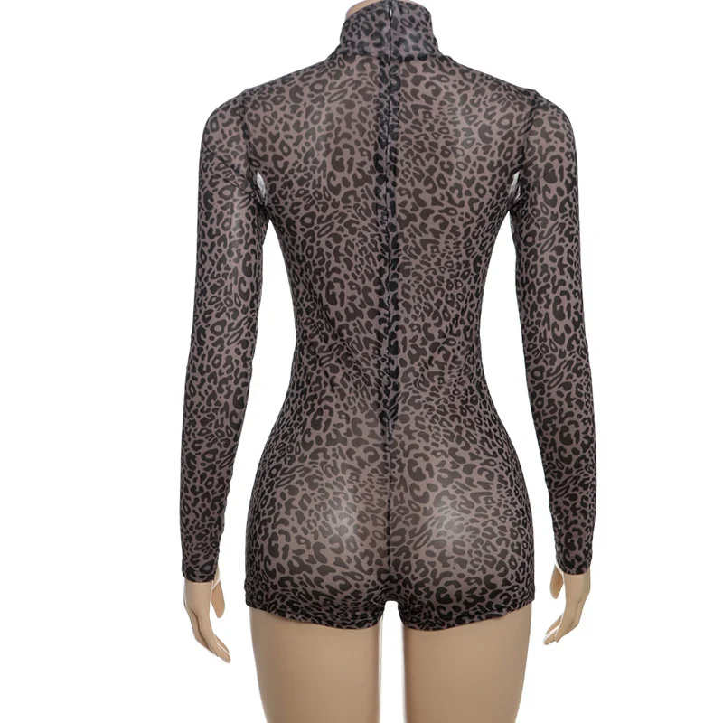 Doyerl-mono ajustado con estampado de leopardo para mujer, mono de manga larga, ajustado, elástico, para fiesta y Club, mono de una pieza, pantalones cortos