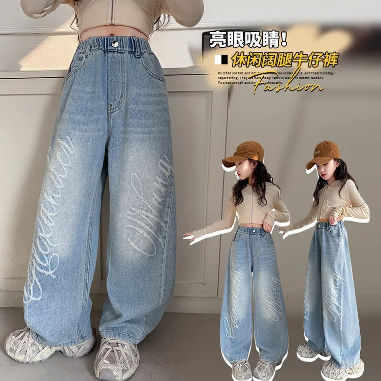 Kids Trousers Children Fashion Street Hip Hop Letter Scratch Jeans Girls Spring Casual Wide Leg Ripped Denim Pants For 5-14Years