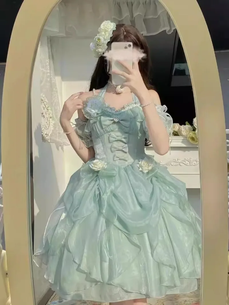 2023 neue Japanische Sommer Hals Bogen Rohr Top Dreidimensionale Blume Taille Dünne Grüne Element Flauschigen Kleid Für Frauen