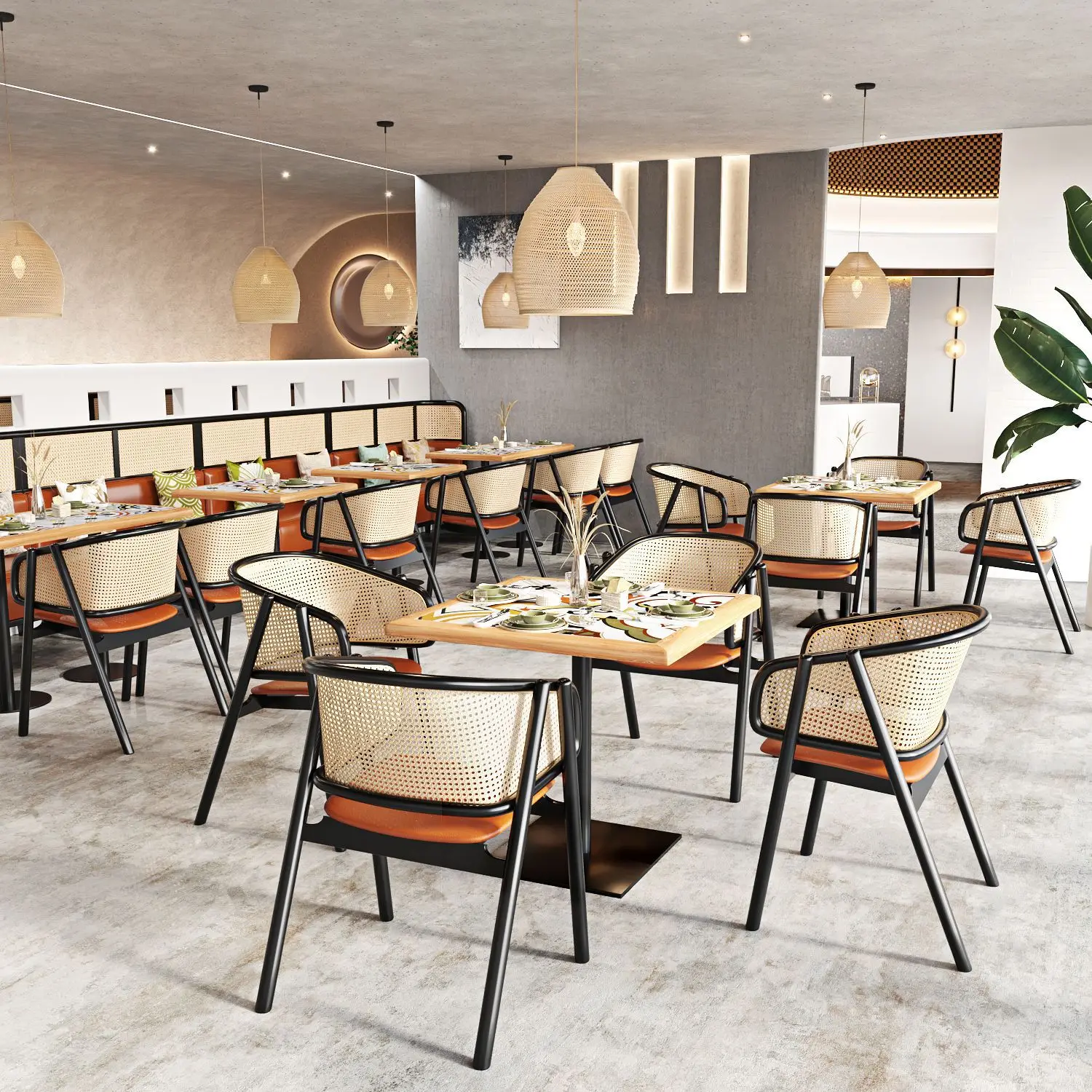 Restaurant Solid Wood Tables and Chairs Booth Woven Rattan Chairs Hotel Coffee Shop Restaurant Furniture Tables and Chairs