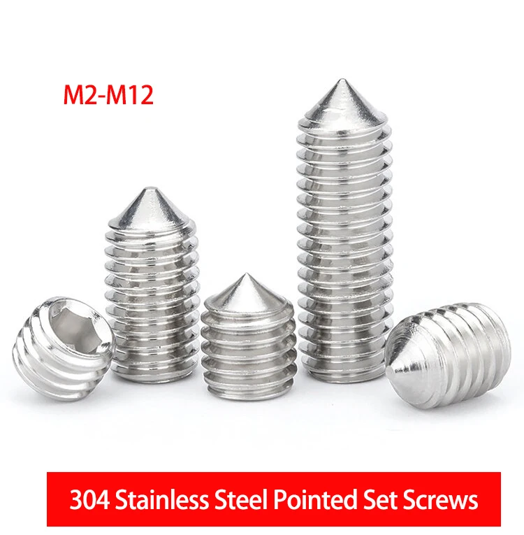 304 Stainless Steel Pointed Set Screws, Cone Tip Grub Screw Hex Socket M3 M4 M5 M6 M8 M10 M12, Allen Head Fastener