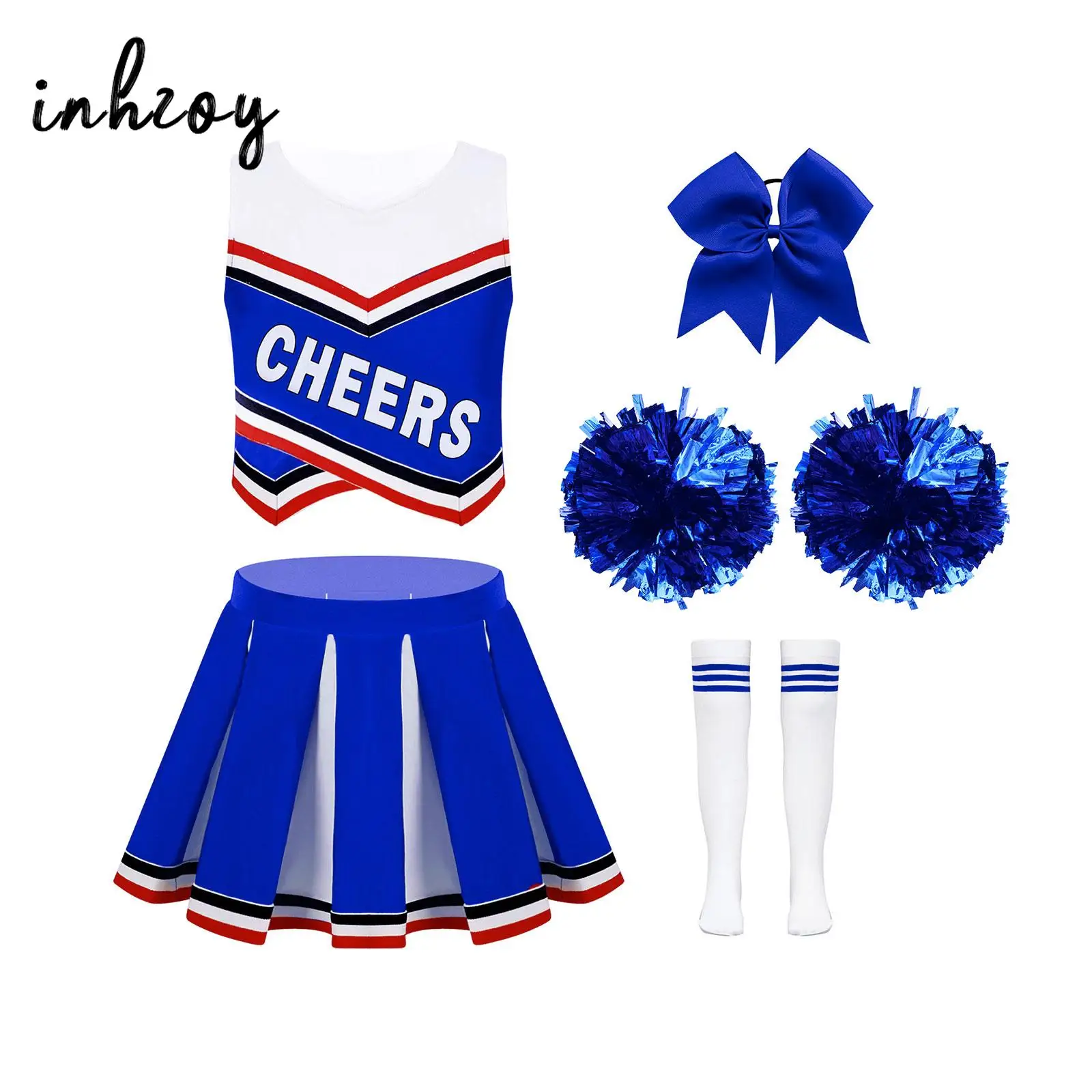 Meninas cheerleader traje esportes conhecer uniforme de torcida roupas colheita tanque superior com saia plissada pom poms meia laço de cabelo