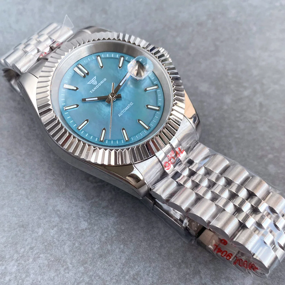 Tandorio 39mm Ice Blue MOP Mother of Pearl Shell Dial Luminous 200M Diver NH35 Mechanical Watch Men Steel Bracelet