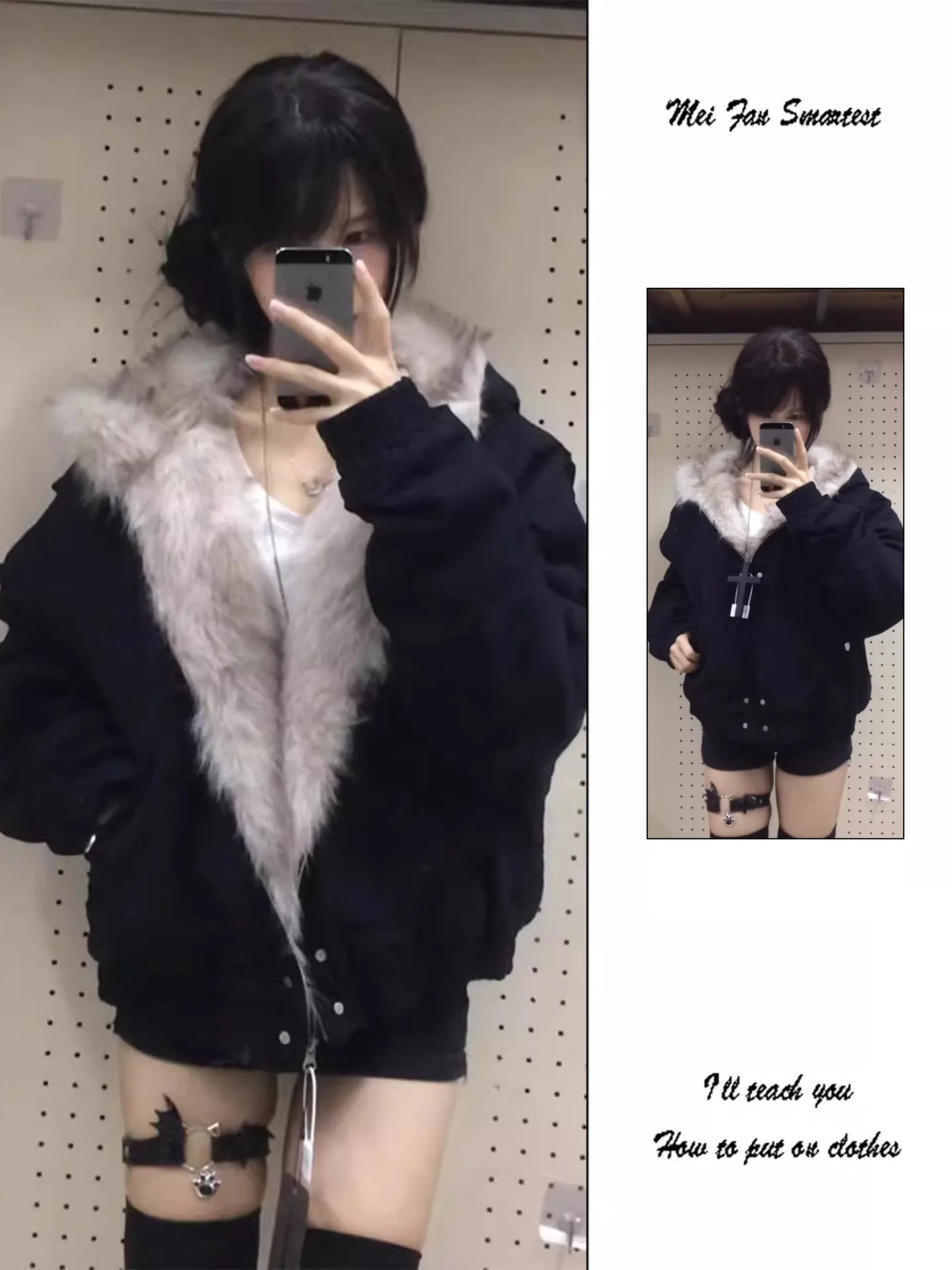 Retro American Black Fur Collar Hooded Cotton Jacket Women's Loose Short Top Autumn Winter New Style Furry Ladies Coat