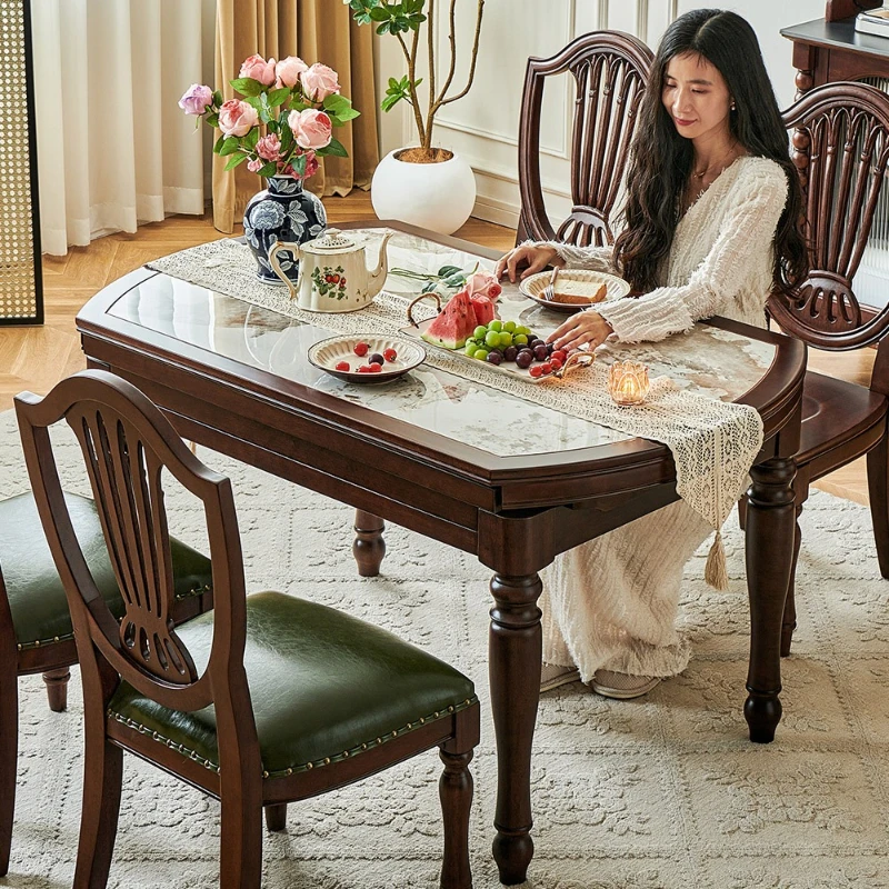 

American retro all-solid wood walnut rock slab dining table restaurant household variable round table 1.35m retractable dining t