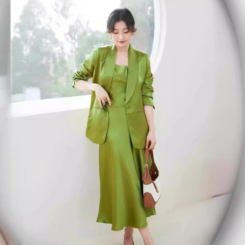 HKSH Autumn New Women's Tide High Sense Acetic Acid Streetwear Temperament Fashion Set Chic Elegant Blazer Dress Suits H2768