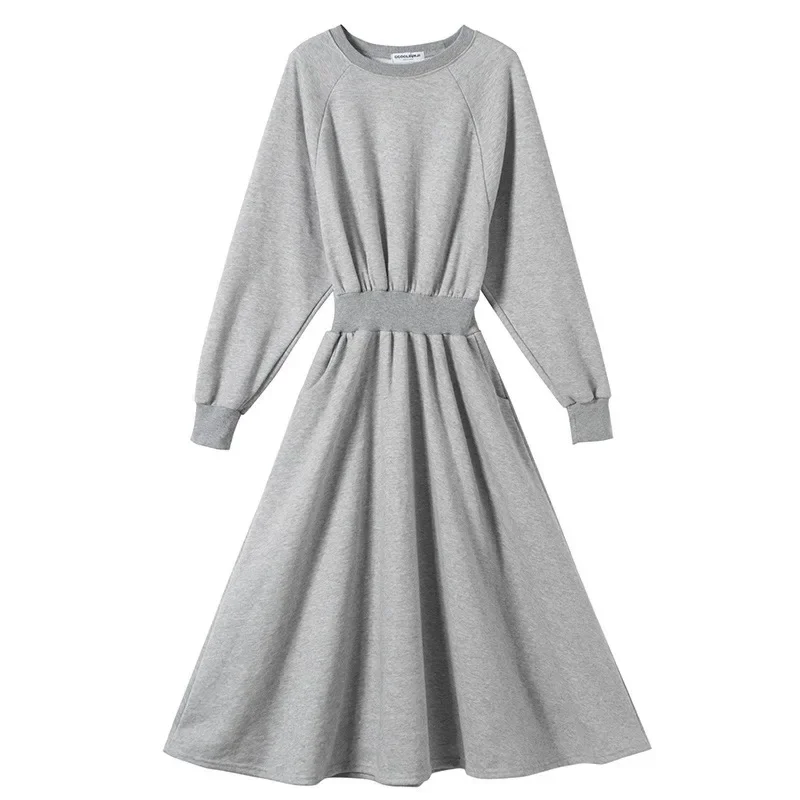 Women New Autumn Winter Warm A-Line Dresses O-neck Lantern Sleeve Slim Waist Sweatshirts Dresses Long Sleeve Solid Colors Dress