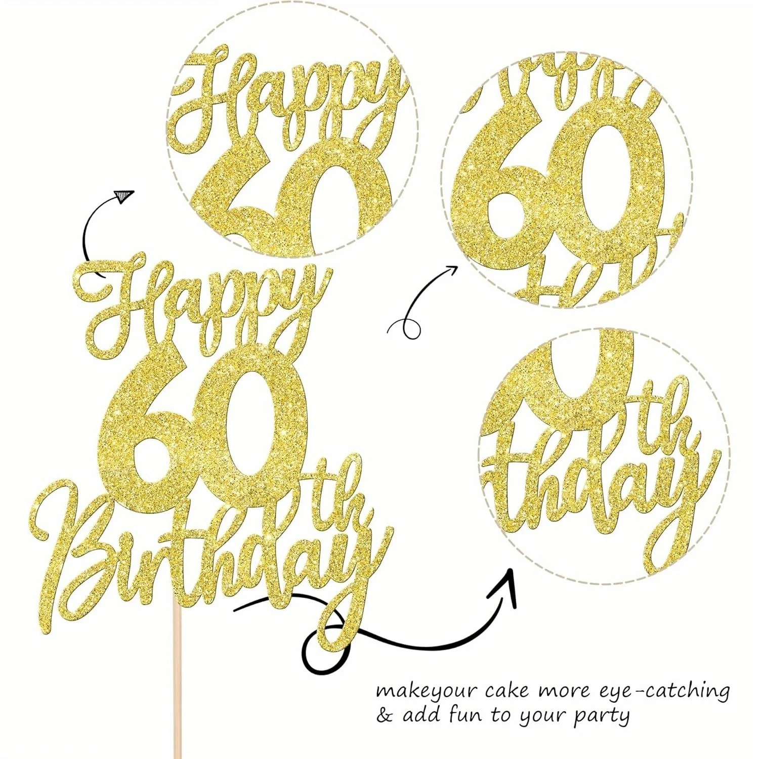 1 Stück goldener, eleganter Kuchenaufsatz zum 60. Geburtstag – Prost bis 60 Jahre, sechzig, Hello 60-Kuchendekoration für den Diamant-Jubiläum – Detail 7