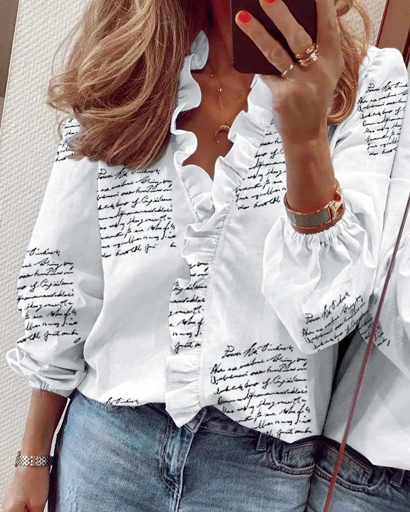 2022 Women Shirt Elegant Ruffles Casual V Neck Long Sleeve Loose Shirt Blouses Female Solid Pullover Streetwear New Tops Blouses