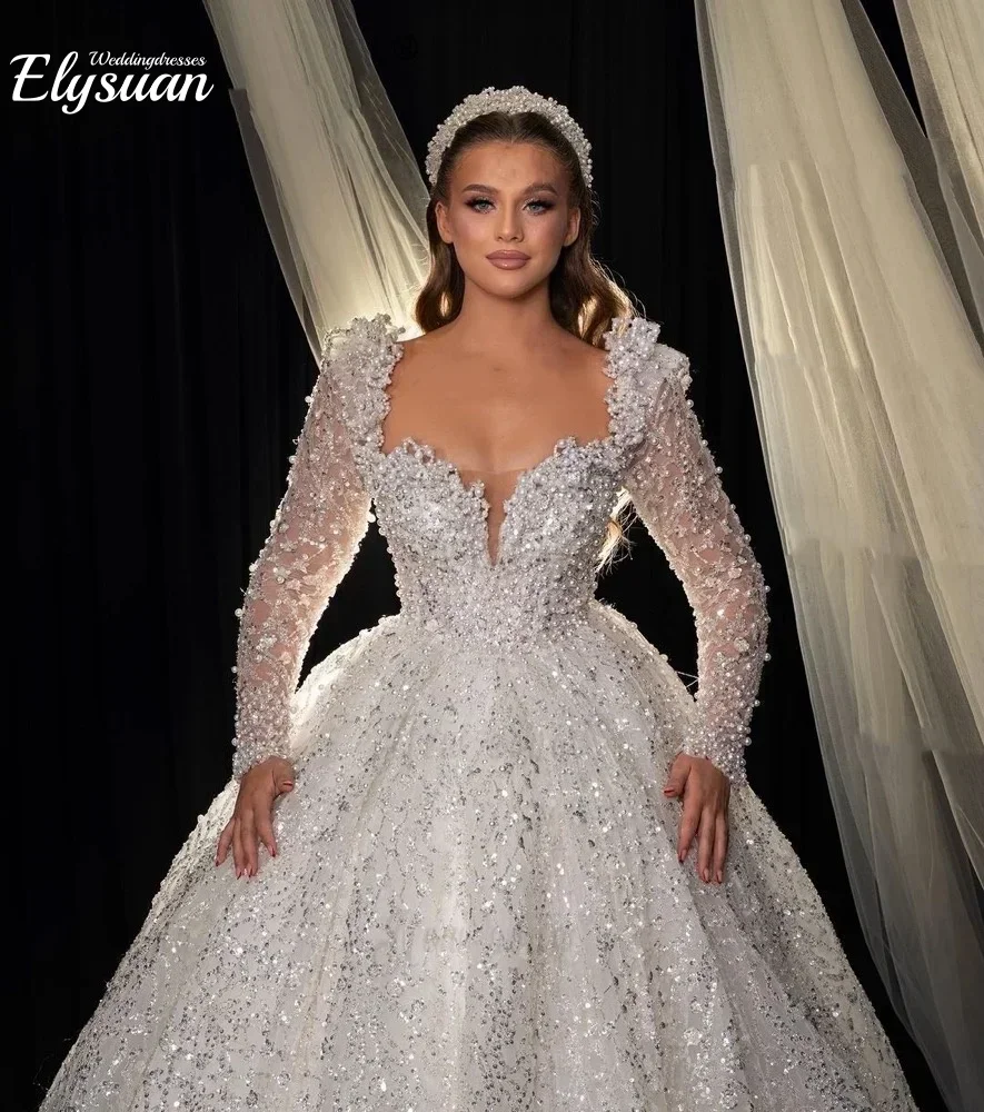 Customized Sweetheart Neck Long Sleeve Wedding Dresses  Pearls Ball Gown Dubai Sparkly Bridal Vestido De Noiva