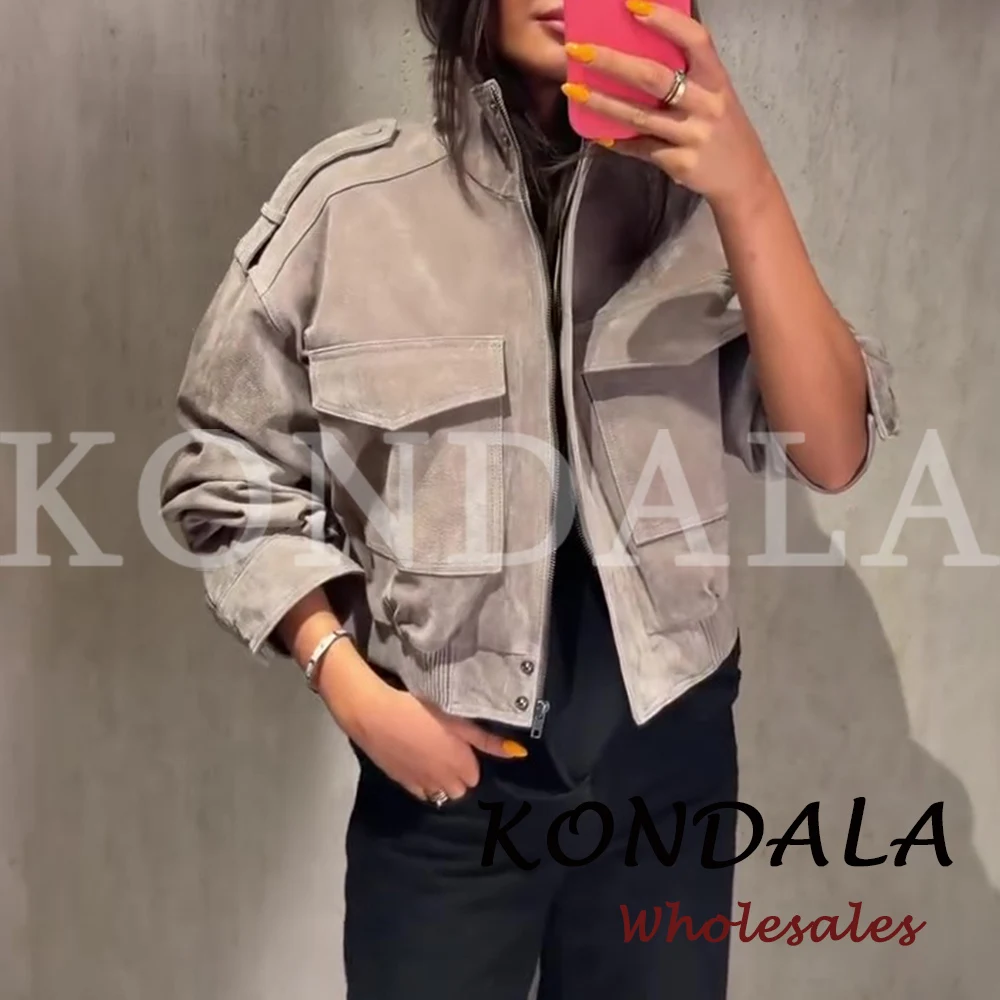 KONDALA Vintage Graue PU Streetwear Damenjacke Mode 2026 Herbst Reißverschlusstasche High Street Chic Moderne Kurze Damenjacke – Detail 5