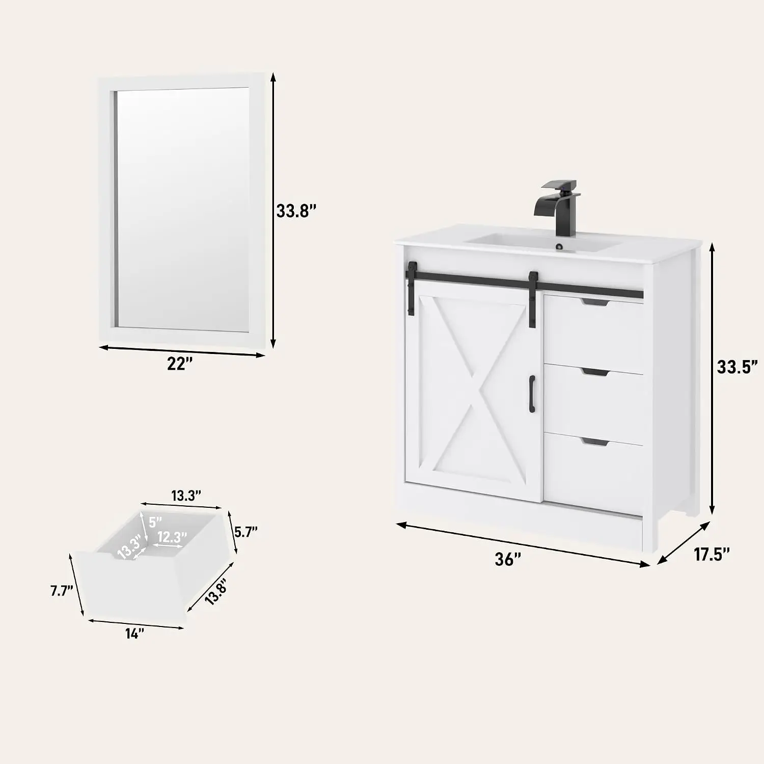 36 Inch Bathroom Vanity with Sink & Faucet & Mirror, Farmhouse Bathroom Vanity Cabinet Set with Sliding Barn Door & Drawers