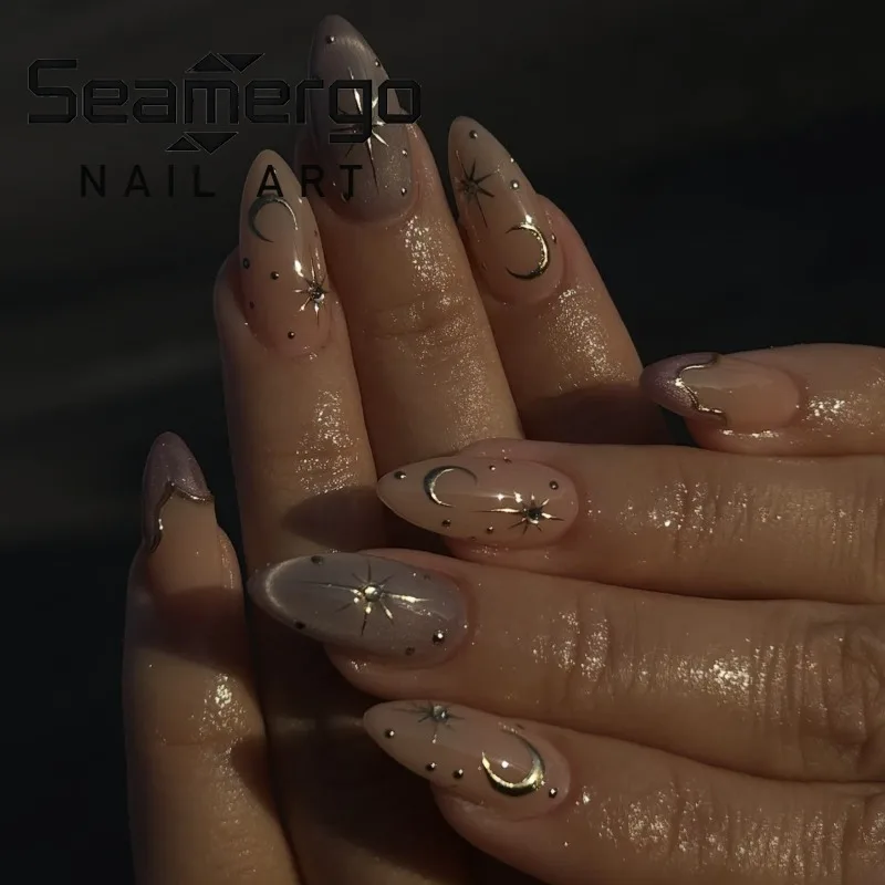 

24PCS Embossed Purple French False Nails Golden Moon Star Patterns Glitter Almond Press on Nails Luxury Nails for Women Wearable