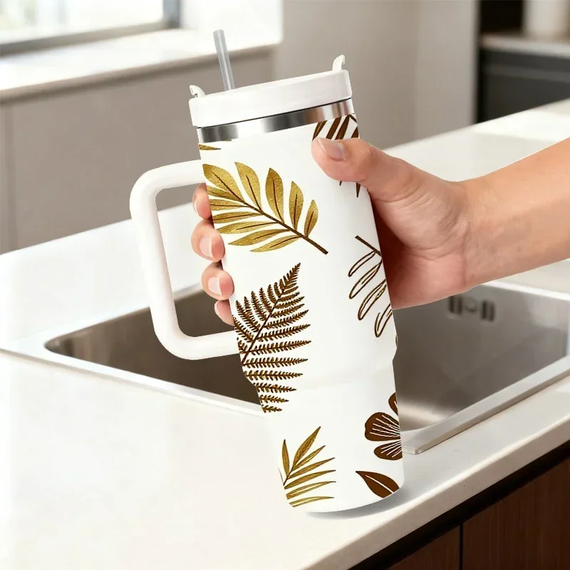 Elegant Golden And Brown Botanical Floral Print 40Oz Stainless Steel Insulated Tumbler, Digitally Printed Nature-Themed Cup with Fern, Palm Leaf And Flower Patterns, Perfect for Daily Drinks, Commute And Outdoor Use