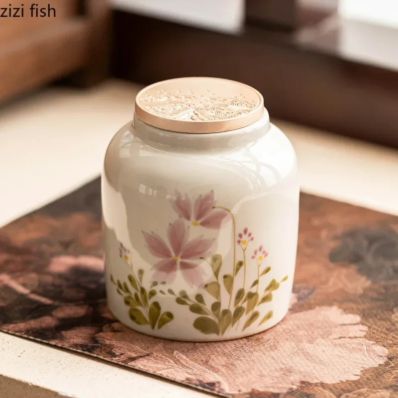 Ceramic Tea Jar Tea Box Tea Tin Moisture Proof Sealed Jar Teas Storage Jar Hand Drawn Storage Container Teaware Accessories