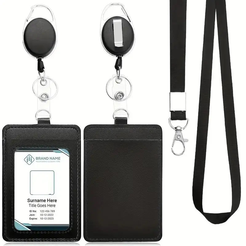ID card case PU leather ID card holder with 1 transparent ID window, detachable neck strap and extendable carabiner keychain