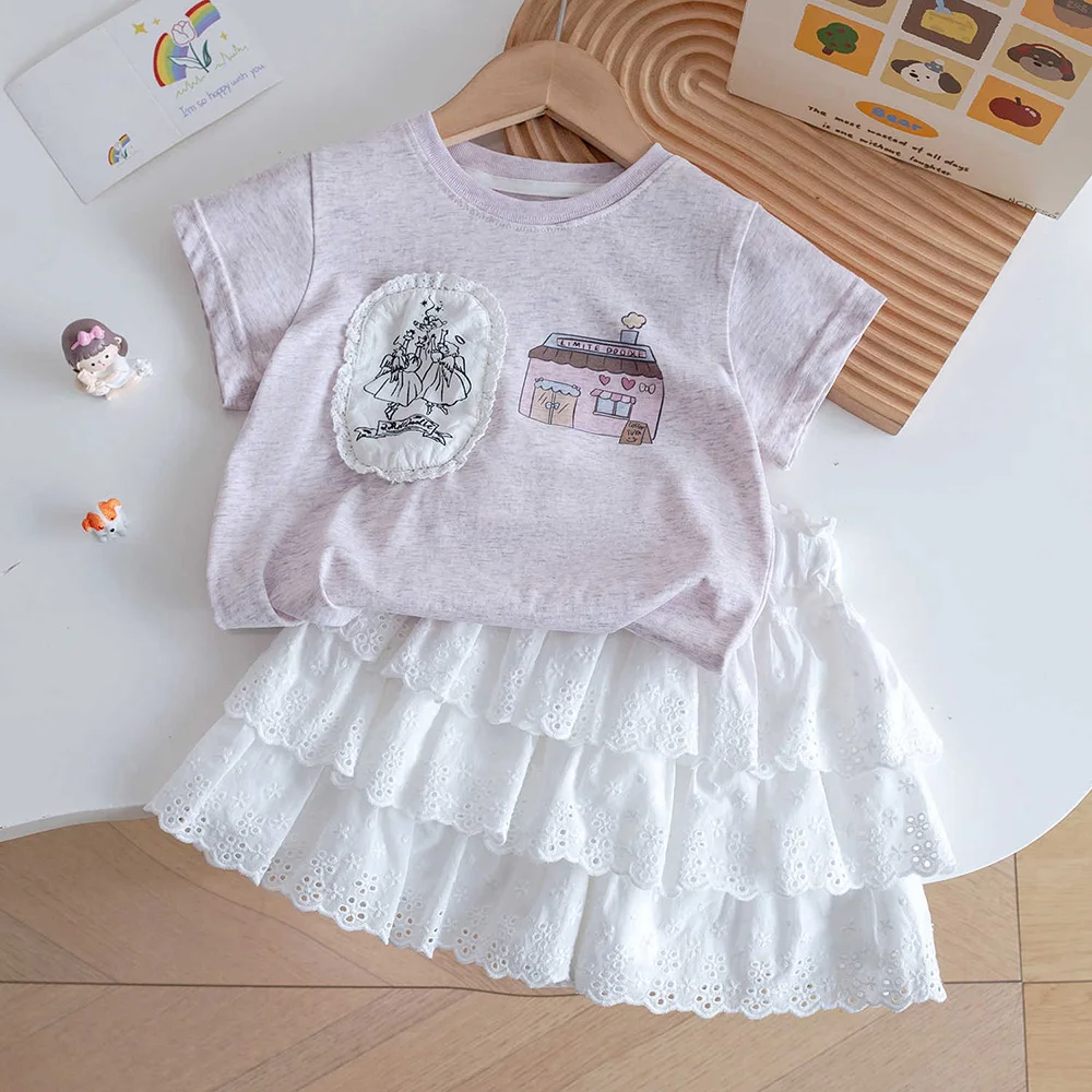

Girls Summer Short Sleeve T-shirt+Lace Layered Skirts 2Pcs Korean Style Children Clothes Sets Kids Cartoon T-shirts Skirts Suits