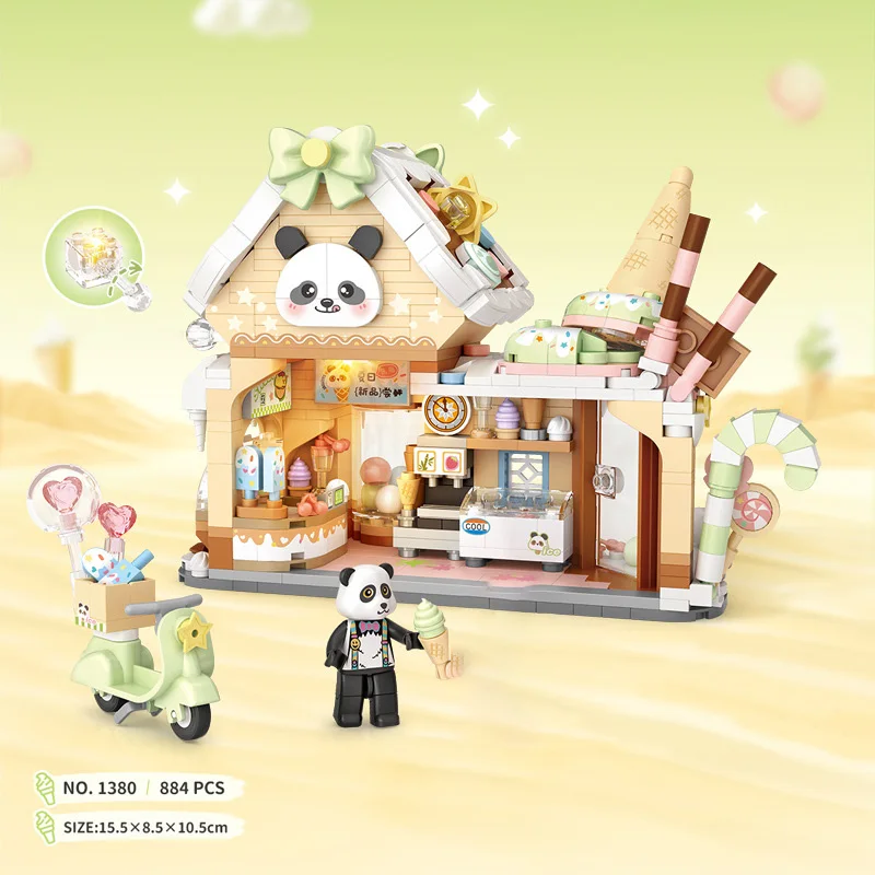 LOZ-1380 الباندا الآيس كريم البيت غير تقليدي منزل خشبي سلسلة عرض الشارع الصغيرة تجميعها نموذج قطع ألعاب مكعبات البناء للأطفال