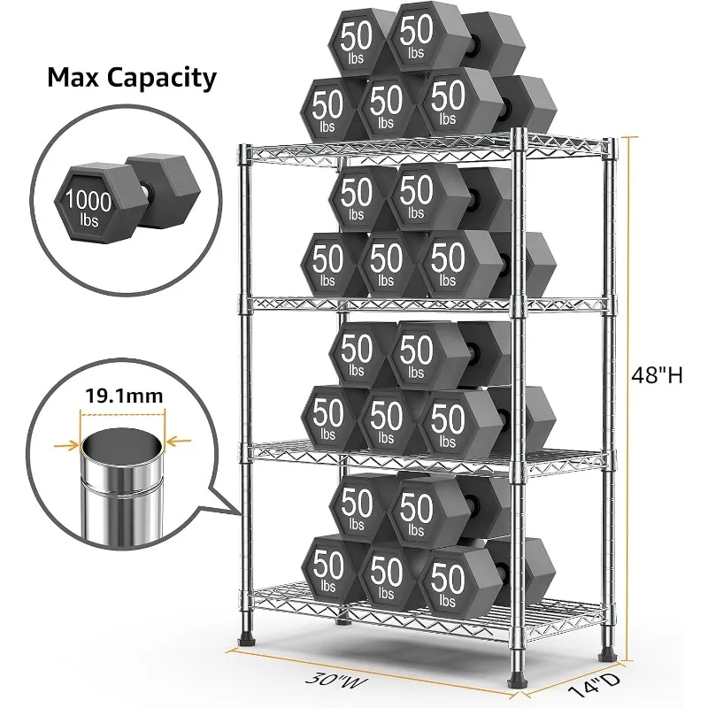 home.1000 lbs Storage Shelving Steel Heavy Duty 4-Tier Utility Rack for Home,Kitchen,Office,Chrome (13.7