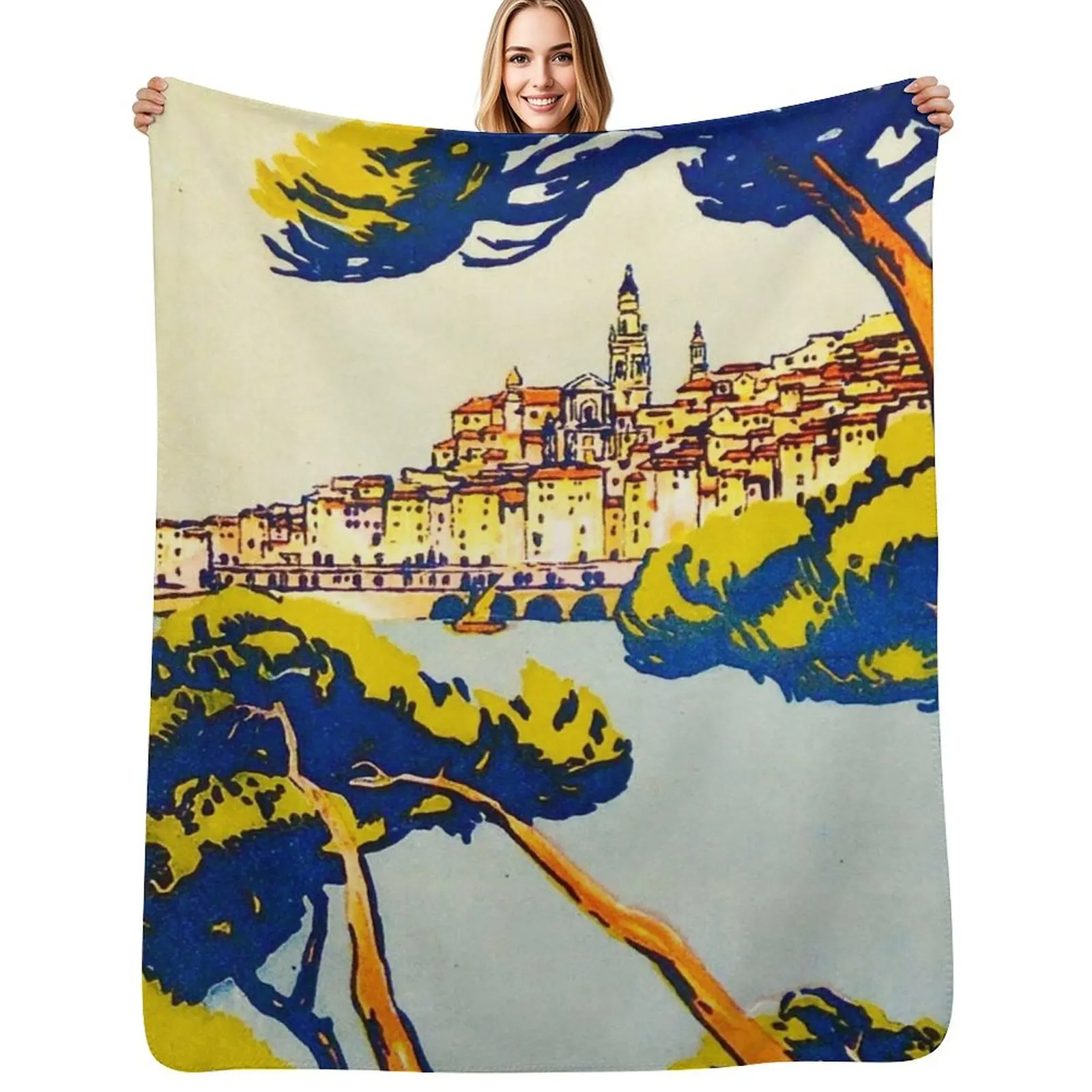 

HD. Menton Vintage Travel Poster by Roger Broders Throw Blanket Lightweight Cozy Blanket for Bed Sofa