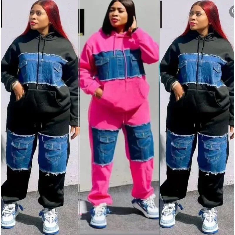 

2 Piece Women Set Dashiki African Clothes Spring Autumn New Fashion Long Sleeve Denim Top And Pants Suit Party Matching Sets